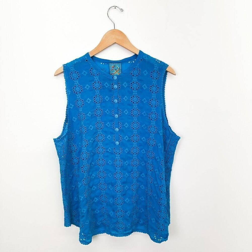 Johnny Was Women’s Blue Floral Symmetrical Boho Eyelet Sleeveless Blouse
